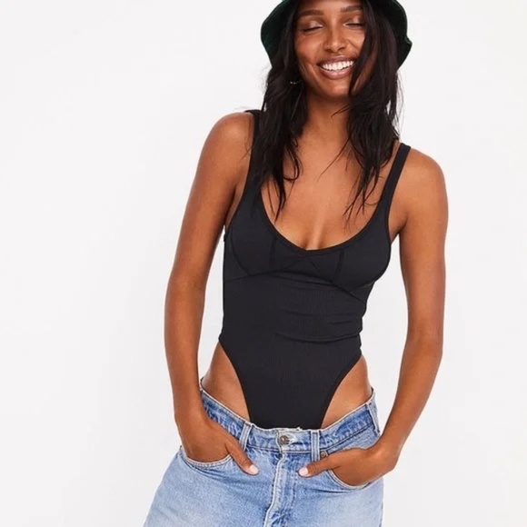 For Love And Lemons Clara Retro Ribbed Thong Bodysuit in Black - Picture 3 of 16